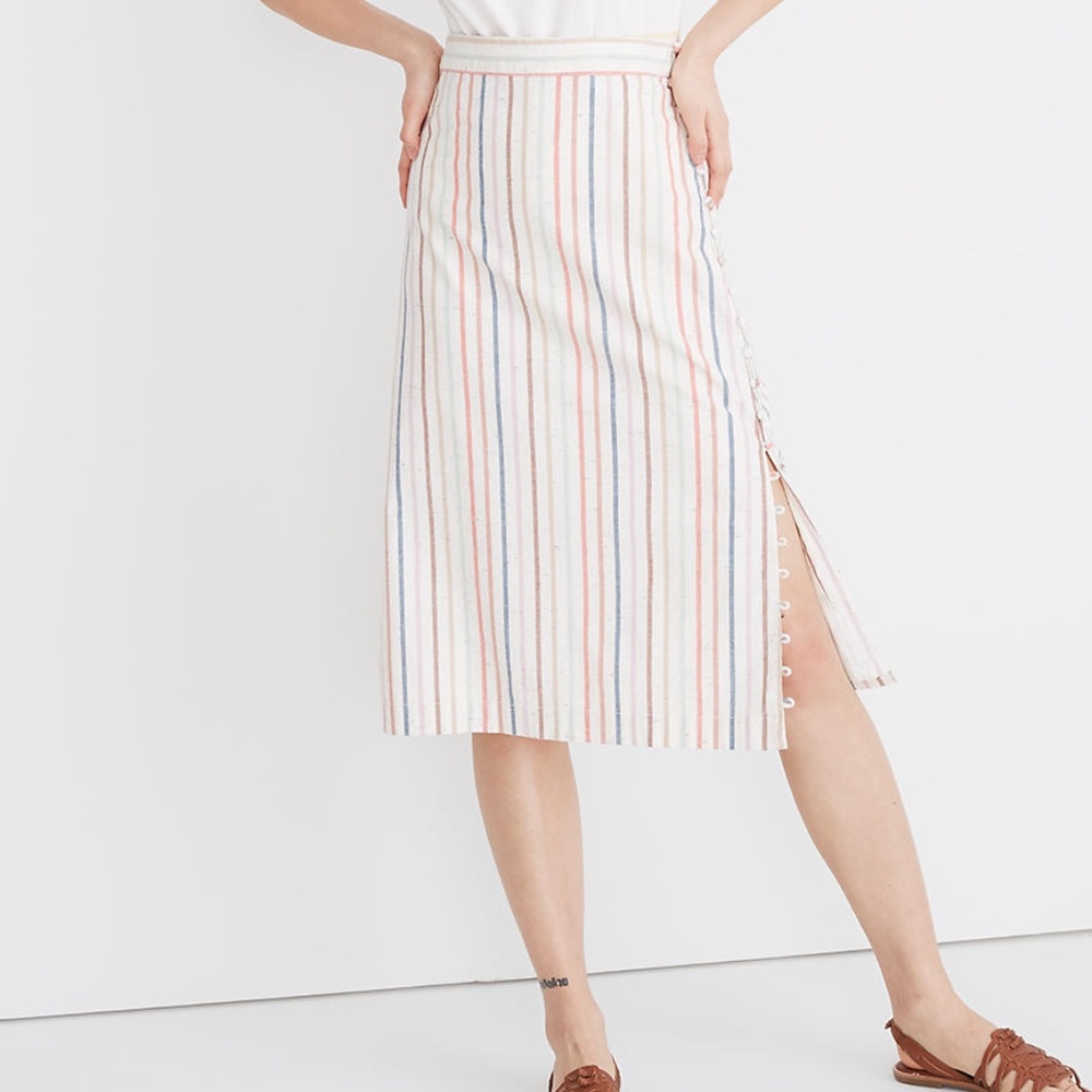MADEWELL RAINBOW STRIPE BUTTON SLIT MIDI SKIRT